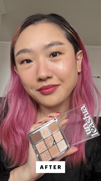 A selfie of Allure commerce editor Sarah Han after applying the Unleashia Glitterpedia Eye Palette