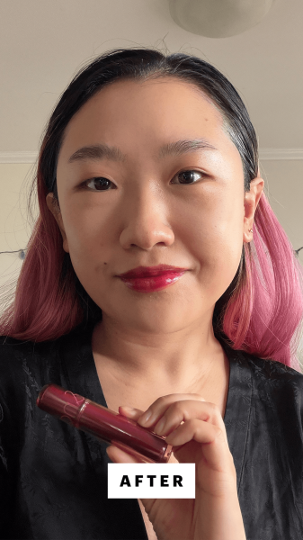 A selfie of Allure commerce editor Sarah Han after applying the Romnd The Juicy Lasting Tint in Plum Coke